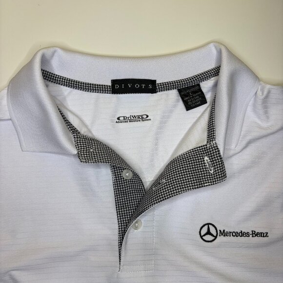 Divots Men Striped Golf Polo Shirt Mercedes Benz Embroidered Logo Sz Large White - Picture 2 of 7